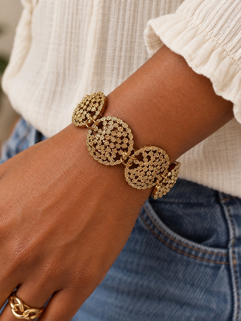 Vintage Gold Disc Medallion Bracelet - Women Jewelry